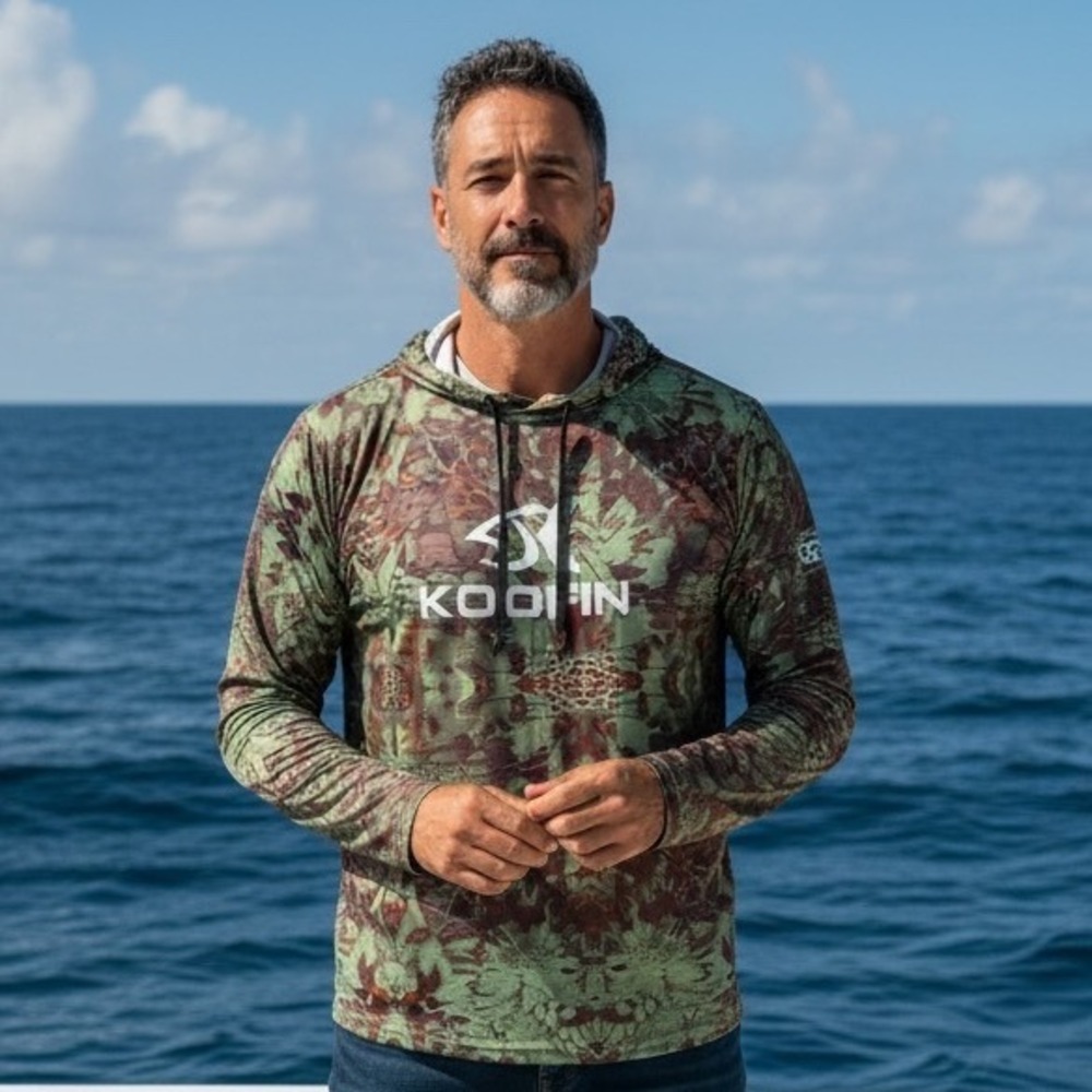 Koofin Gear Mens Large Fishing Hoodie Green Camo UPF 50+ Performance Shirt L